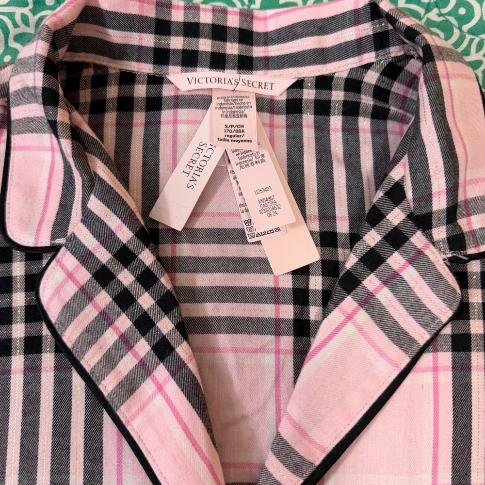 Victorias Secret Pink Plaid Flannel Pajama Set Lurex Shimmer Womens Small Pjs - Picture 2 of 11